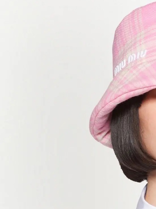 Miu Miu logo checkered pattern hat pink white NWT